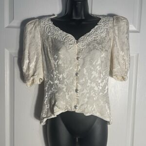 Vintage 80s Scott McClintock Blouse Women 8 Beige Victorian Revival Puff Sleeves